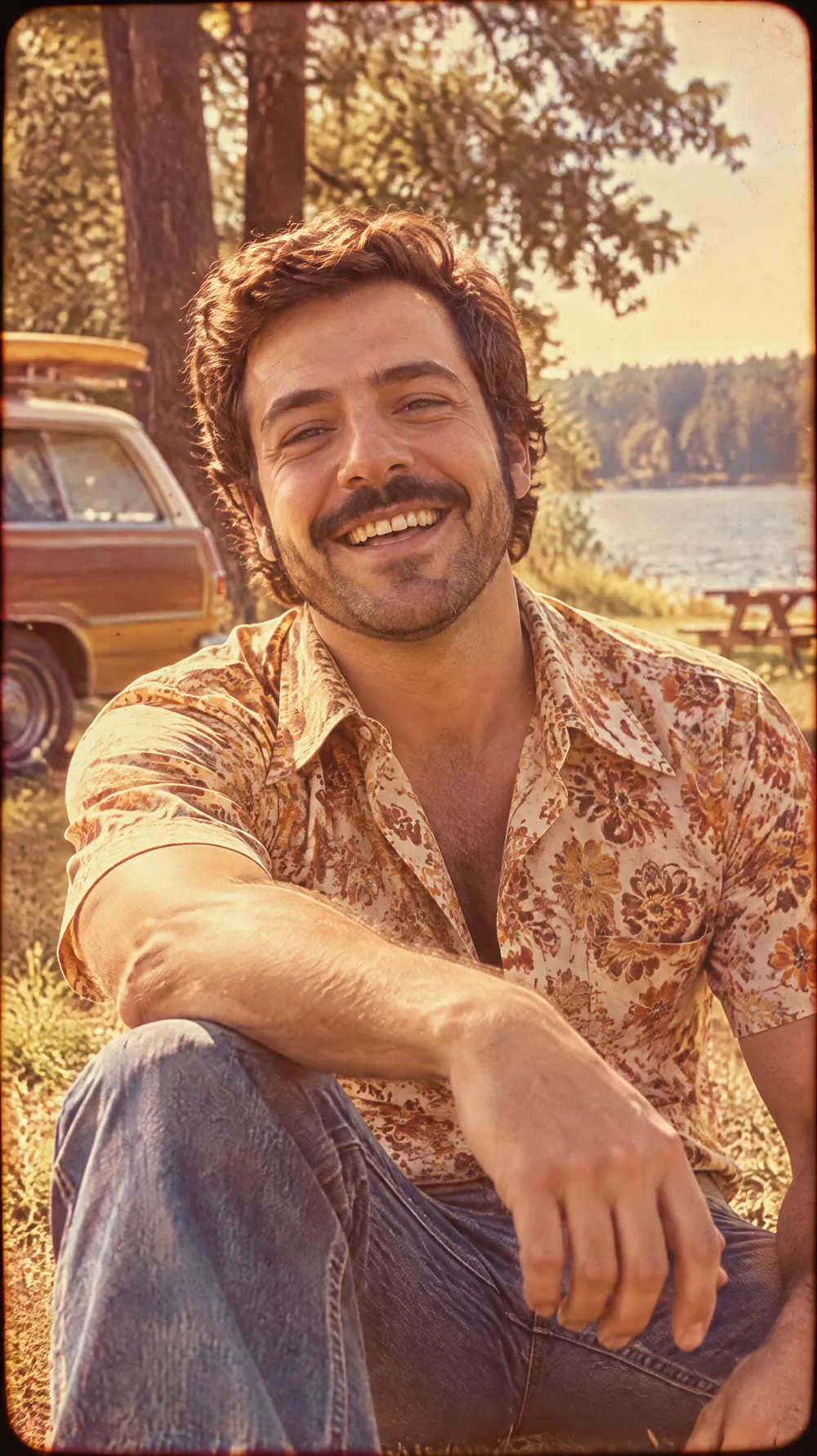 70s slide portrait of a smiling bearded man in a floral shirt by a lake, with sun-faded warm color and soft grain