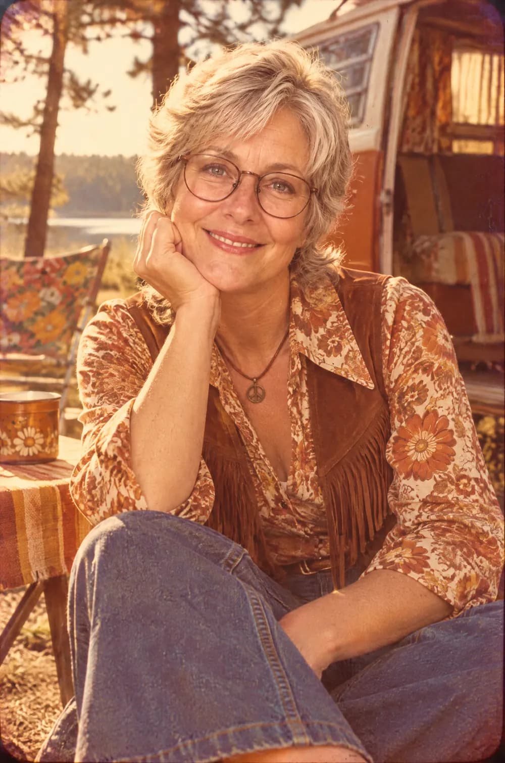 70s slide portrait of a silver-haired woman in round glasses and a fringed vest at a campsite, in faded warm film color