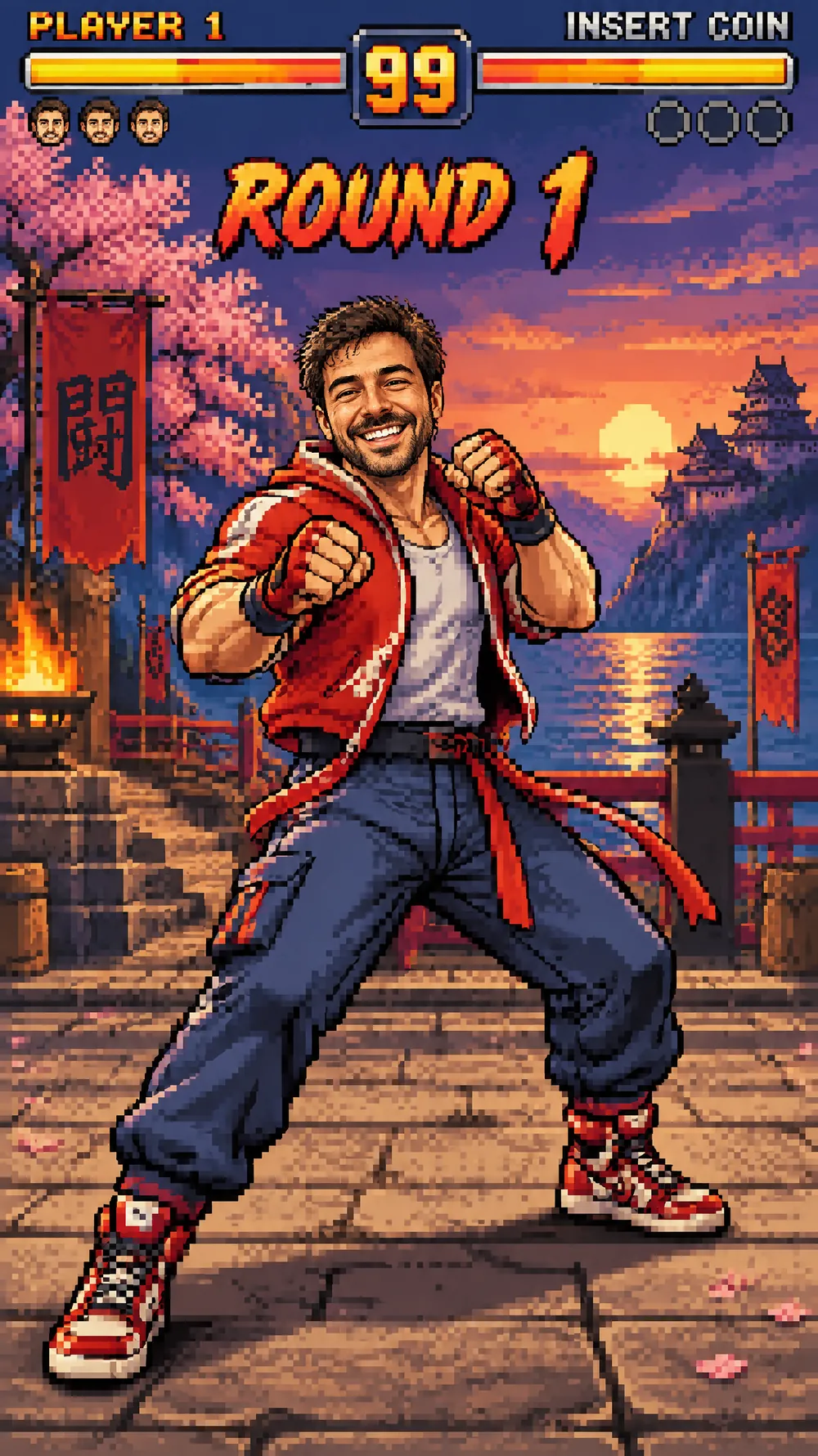 16-bit arcade fighter pixel art of a smiling man in a red jacket on a sunset temple stage, with PLAYER 1 and a health bar