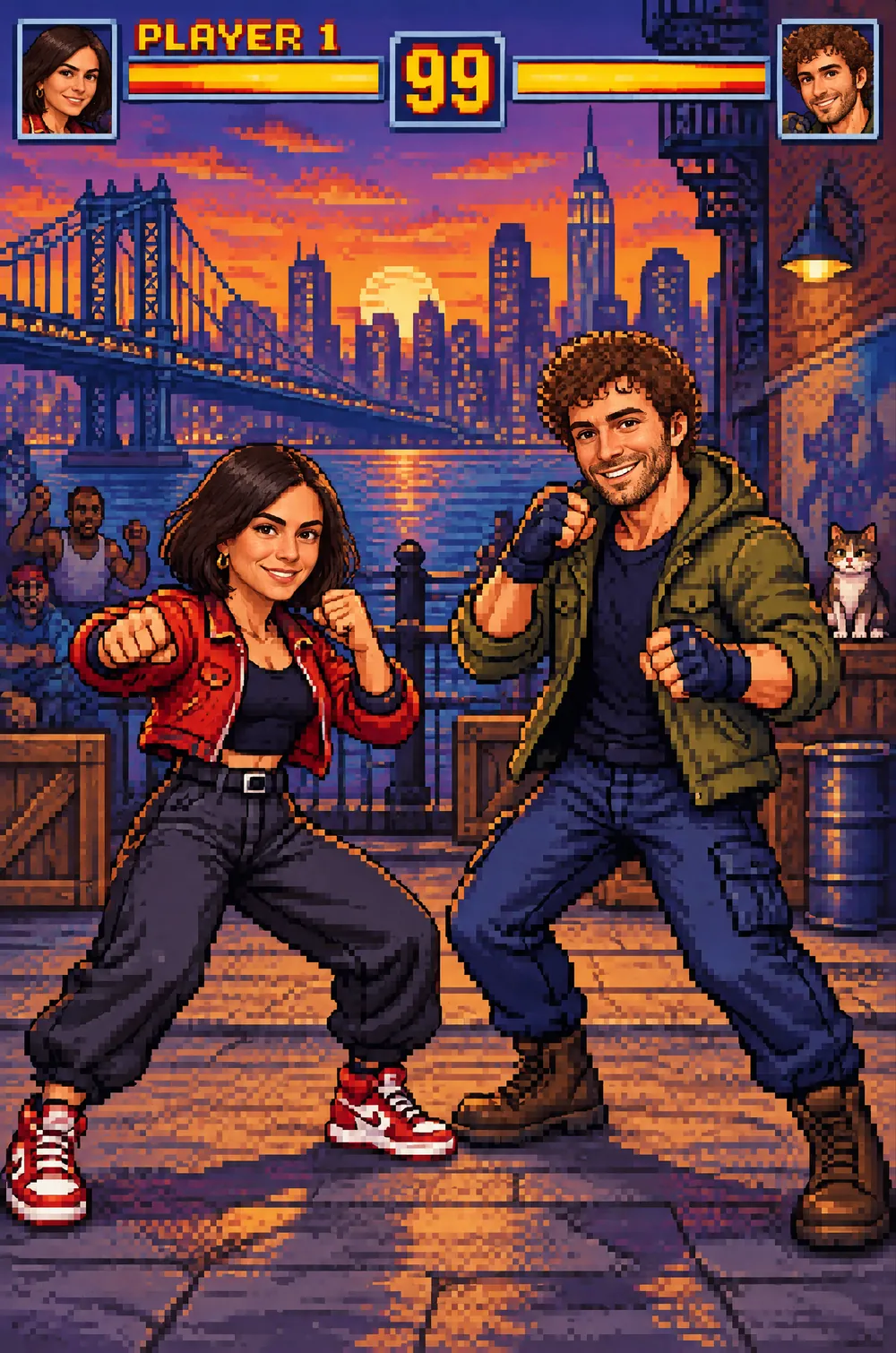 16-bit arcade fighter pixel art of a couple in fighting stances on a harbor stage at sunset, with PLAYER 1 and a health bar
