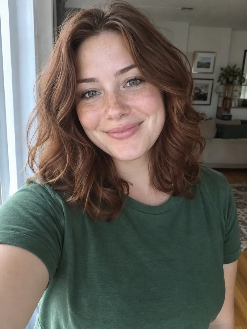 Original photo: a woman with wavy auburn hair taking a smiling selfie by a window