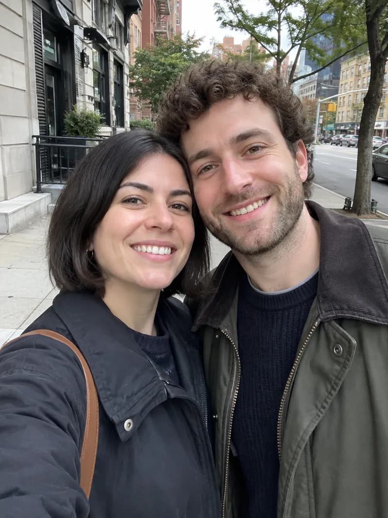 Original photo: a couple smiling together on a city sidewalk