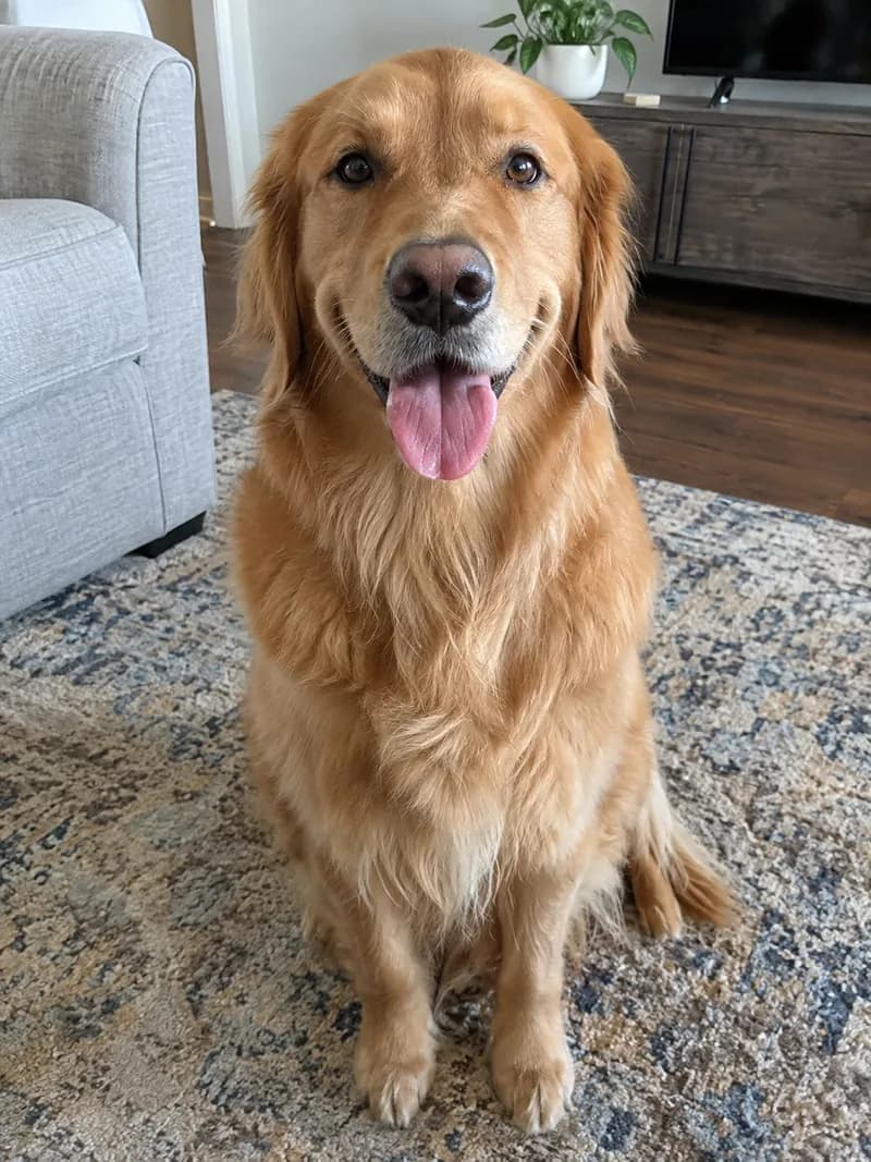 Original photo: a golden retriever sitting on a living room rug