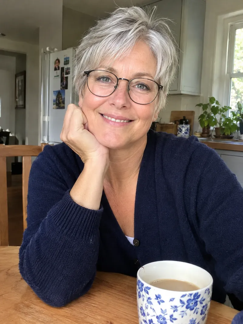 Original photo: a silver-haired woman in round glasses smiling at a kitchen table