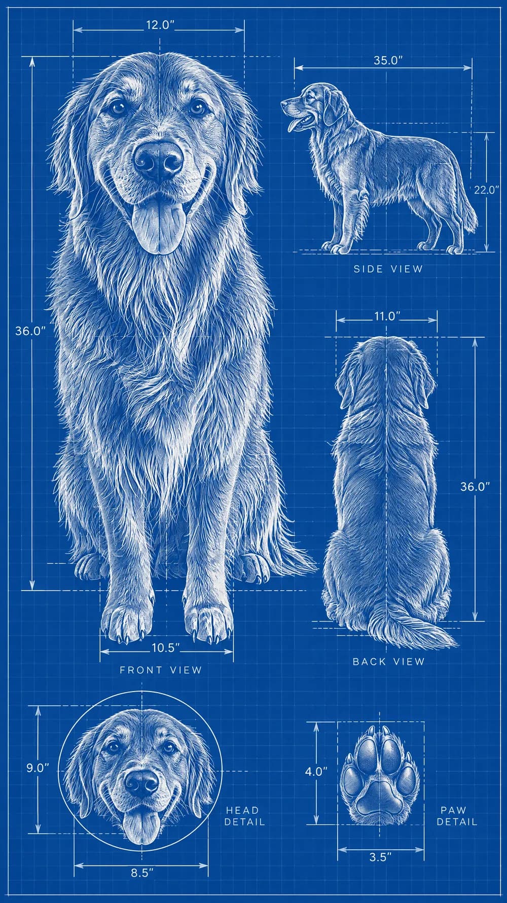 Blueprint poster of a golden retriever with front, side and back views and a paw detail, in white lines on cobalt blue