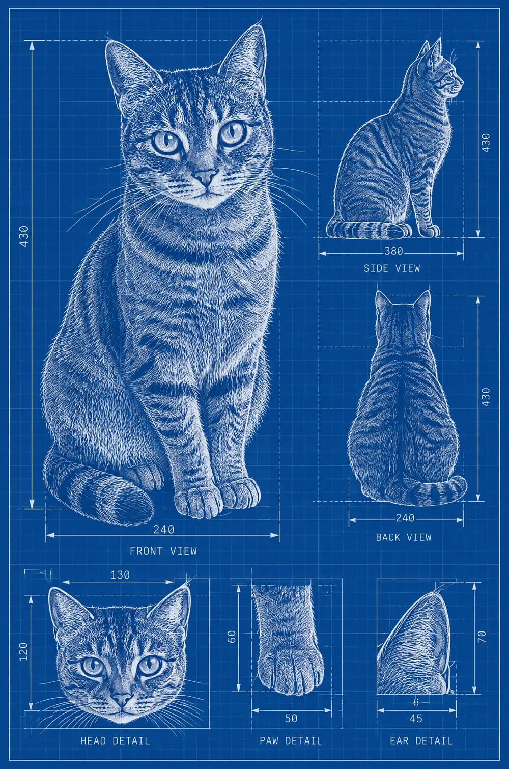 Blueprint poster of a tabby cat with side and back views and head, paw and ear details, in white lines on cobalt blue