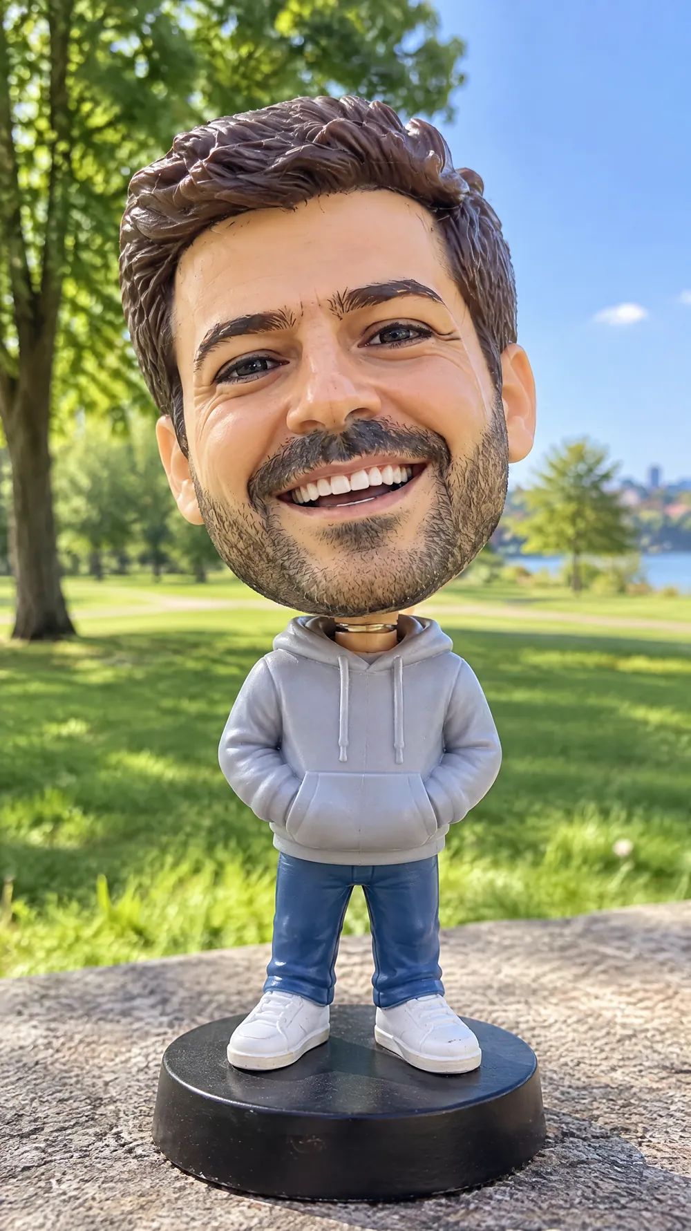 Bobblehead of a smiling bearded man in a grey hoodie on a black base, photographed in a sunny park