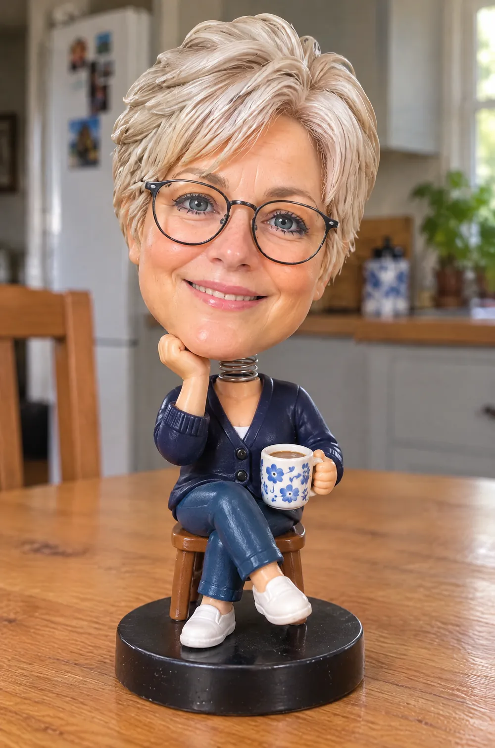 Bobblehead of a silver-haired woman with round glasses holding a mug, seated on a small stool with a black base