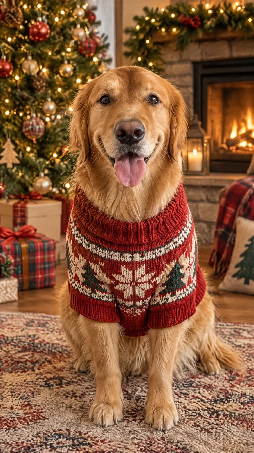 Christmas card portrait of a golden retriever in a red knit sweater in front of a decorated tree and a lit fireplace