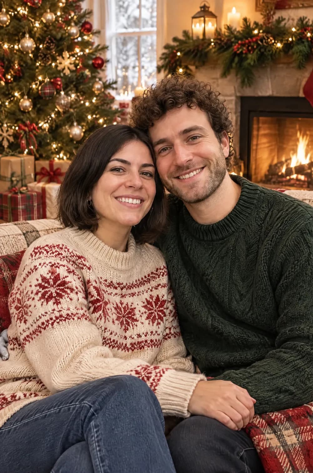 Christmas card portrait of a smiling couple in knit sweaters on a sofa beside a decorated tree and a lit fireplace
