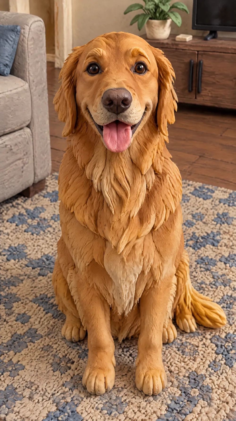 Claymation version of a golden retriever sitting on a rug, sculpted from matte modelling clay in a miniature living room