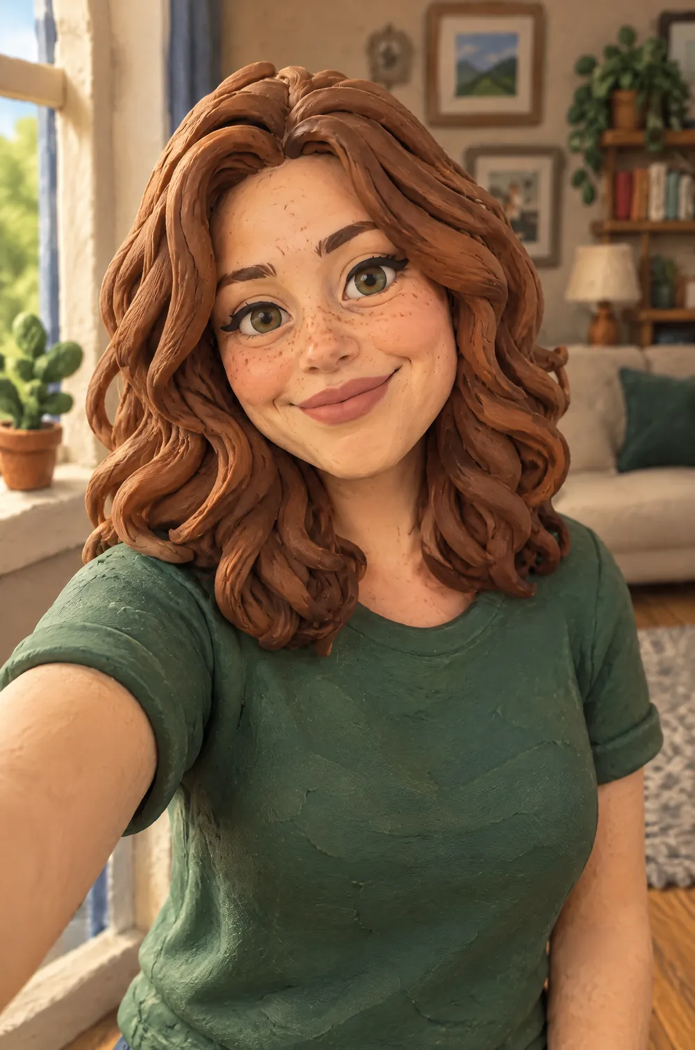 Claymation portrait of a woman with wavy auburn hair in a green t-shirt, sculpted in clay with fingerprints and chunky hair strands