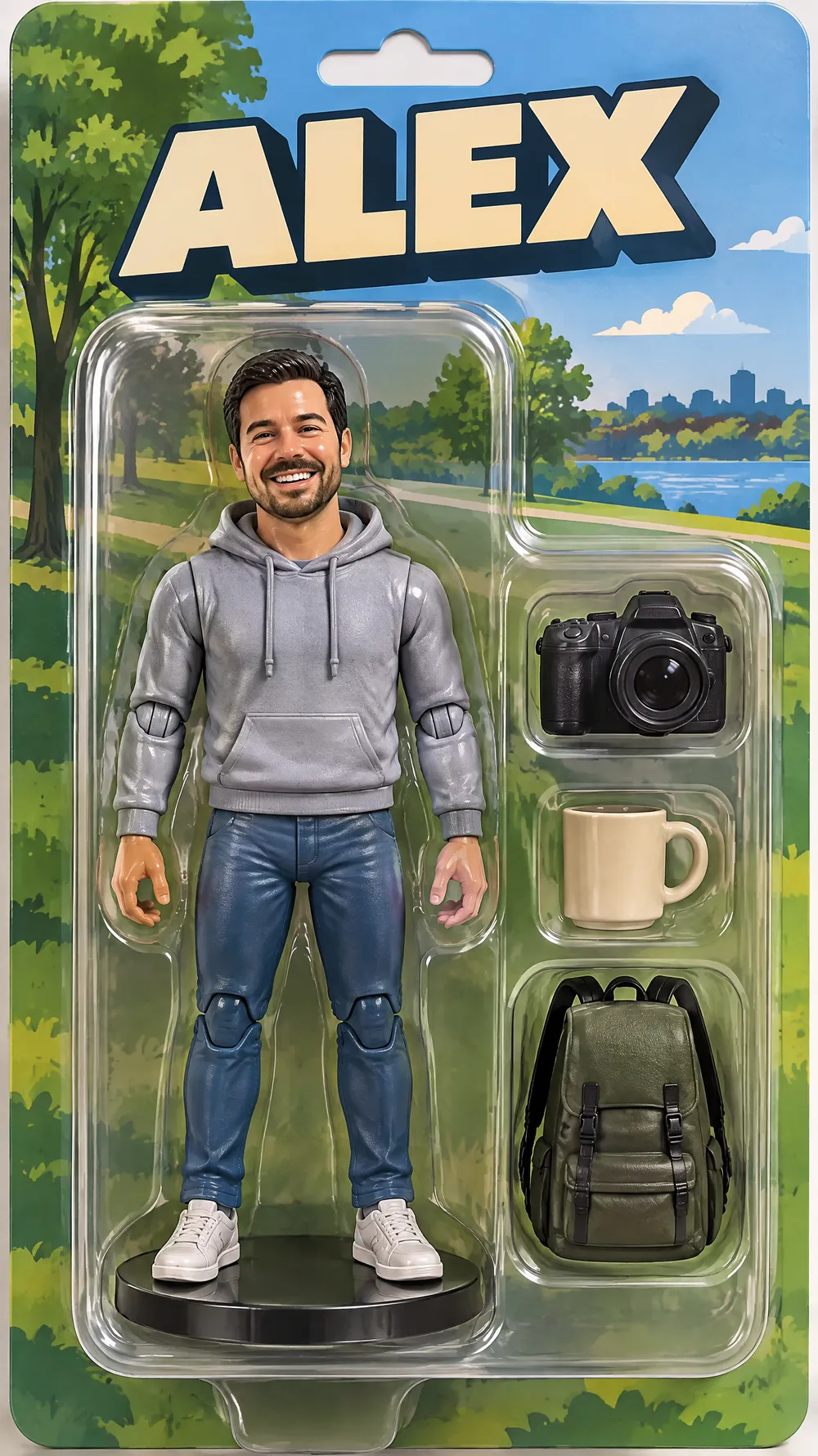 Collectible figure box: a bearded man in a grey hoodie as a plastic figure in a blister pack with a camera, mug and backpack