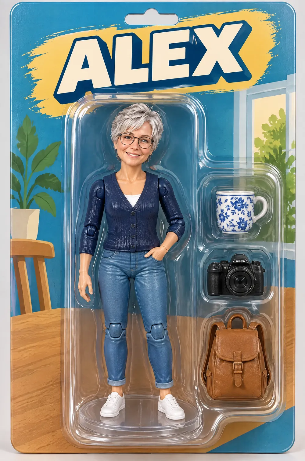 Collectible figure box: a silver-haired woman in glasses as a plastic figure in a blister pack with a mug, camera and bag