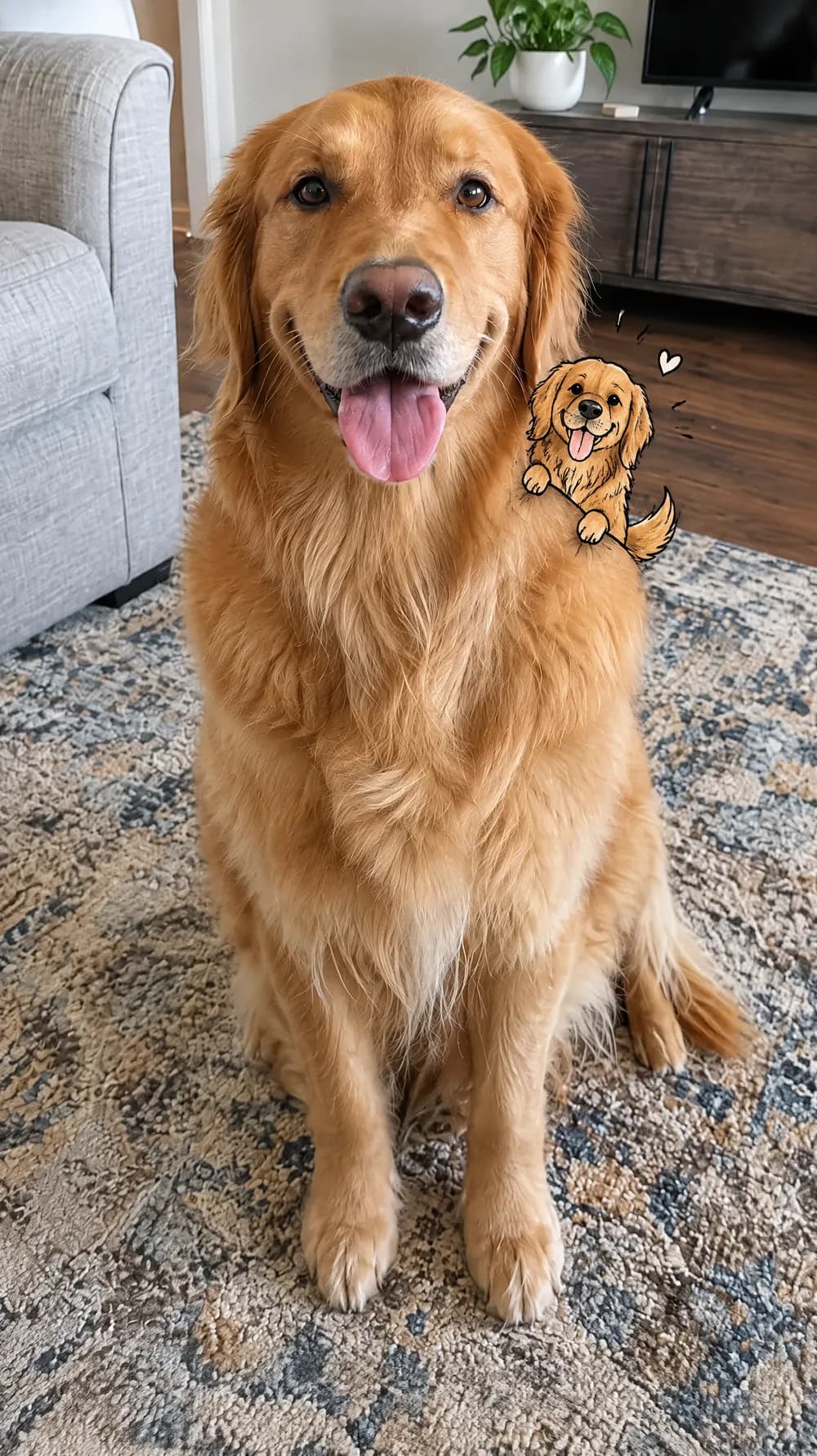 Mini doodle twin: a golden retriever on a rug with a tiny ink-drawn dog twin and a small heart on its shoulder