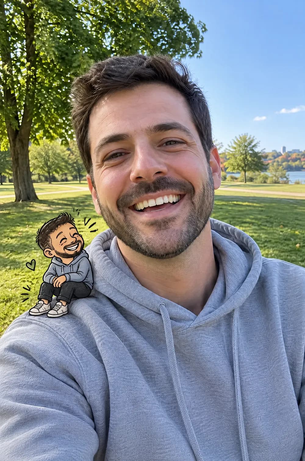 Mini doodle twin: a laughing man in a park with a tiny ink-drawn twin in a hoodie on his shoulder