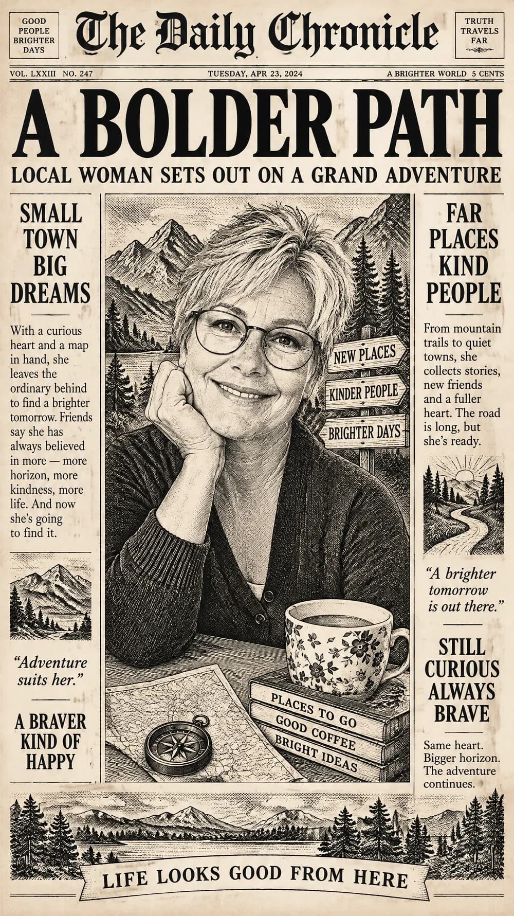 Fantasy newspaper front page with a silver-haired woman in round glasses as the engraved portrait under the headline A Bolder Path