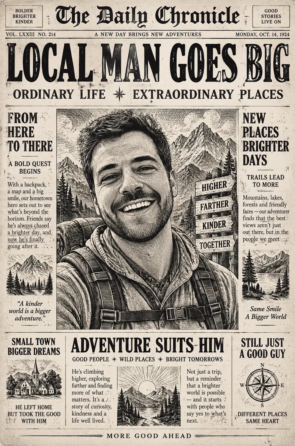 Fantasy newspaper front page with a smiling man as the engraved portrait under the headline Local Man Goes Big