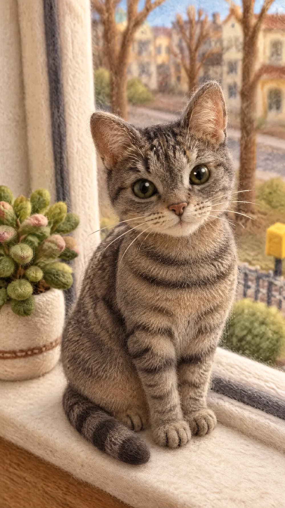 Felt miniature of a grey tabby cat on a windowsill, made of fuzzy needle-felted wool in a tiny diorama