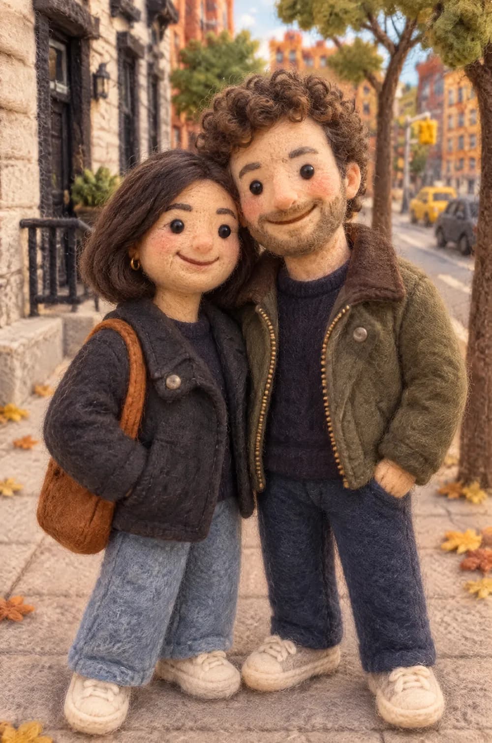 Felt miniature of a couple in jackets standing on an autumn sidewalk, made of soft needle-felted wool figures