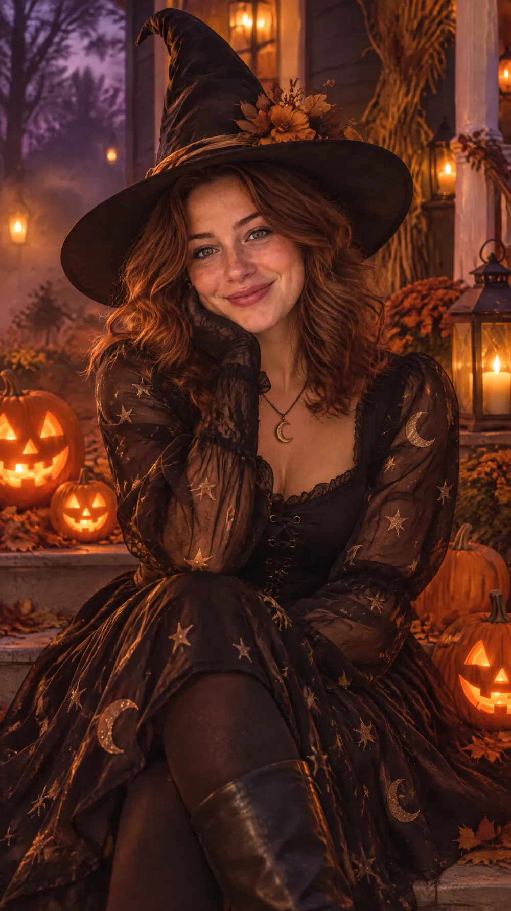 Halloween costume portrait of a smiling woman with wavy auburn hair as a witch in a star-print dress among glowing pumpkins