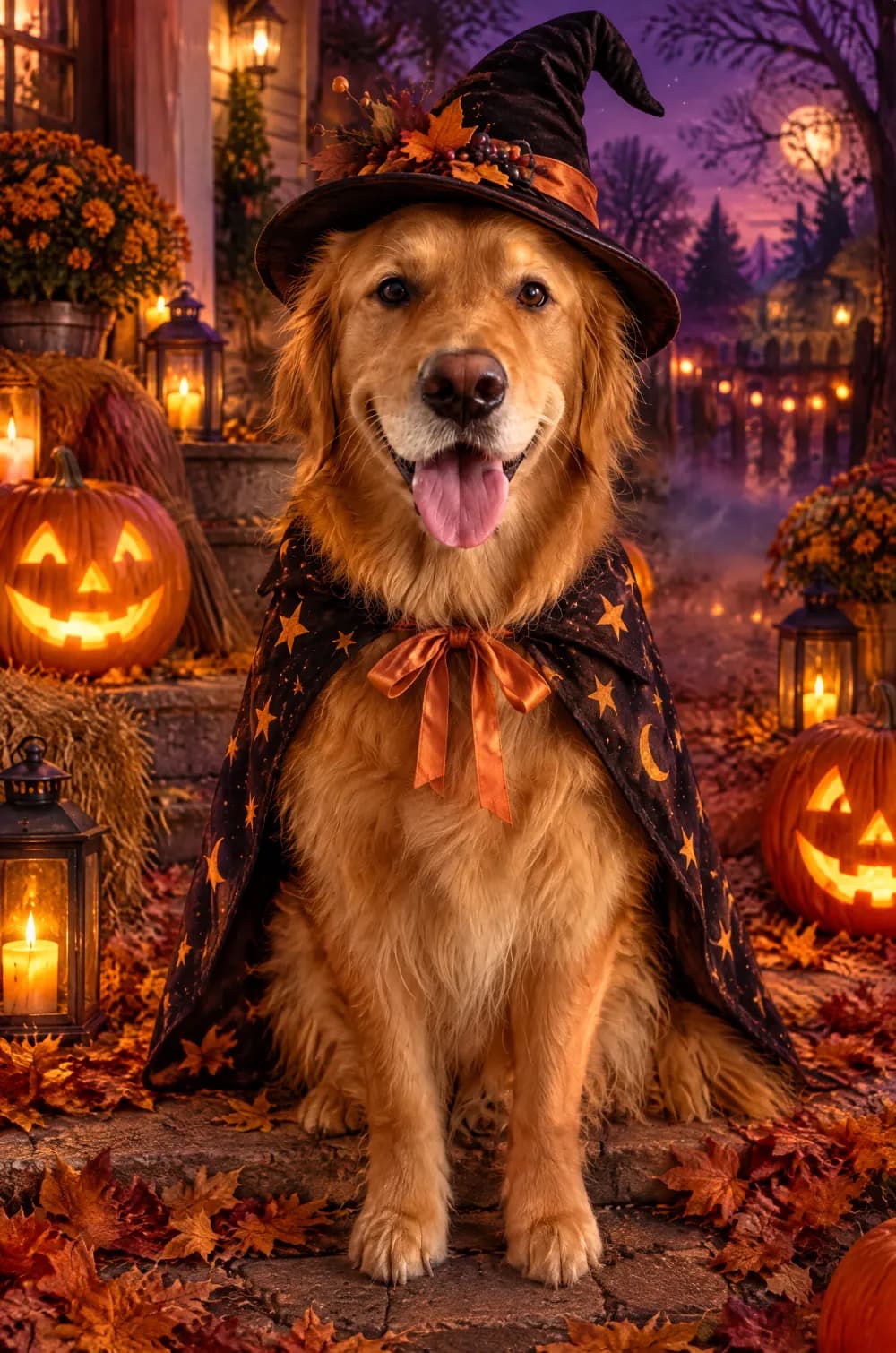 Halloween costume portrait of a golden retriever in a witch hat and starry cape on a leafy porch with carved pumpkins
