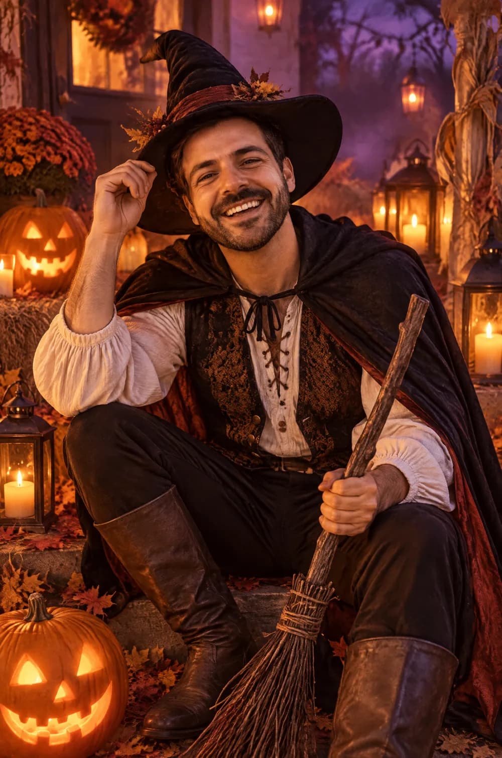 Halloween costume portrait of a laughing bearded man dressed as a witch with a cape and broom beside lanterns and pumpkins
