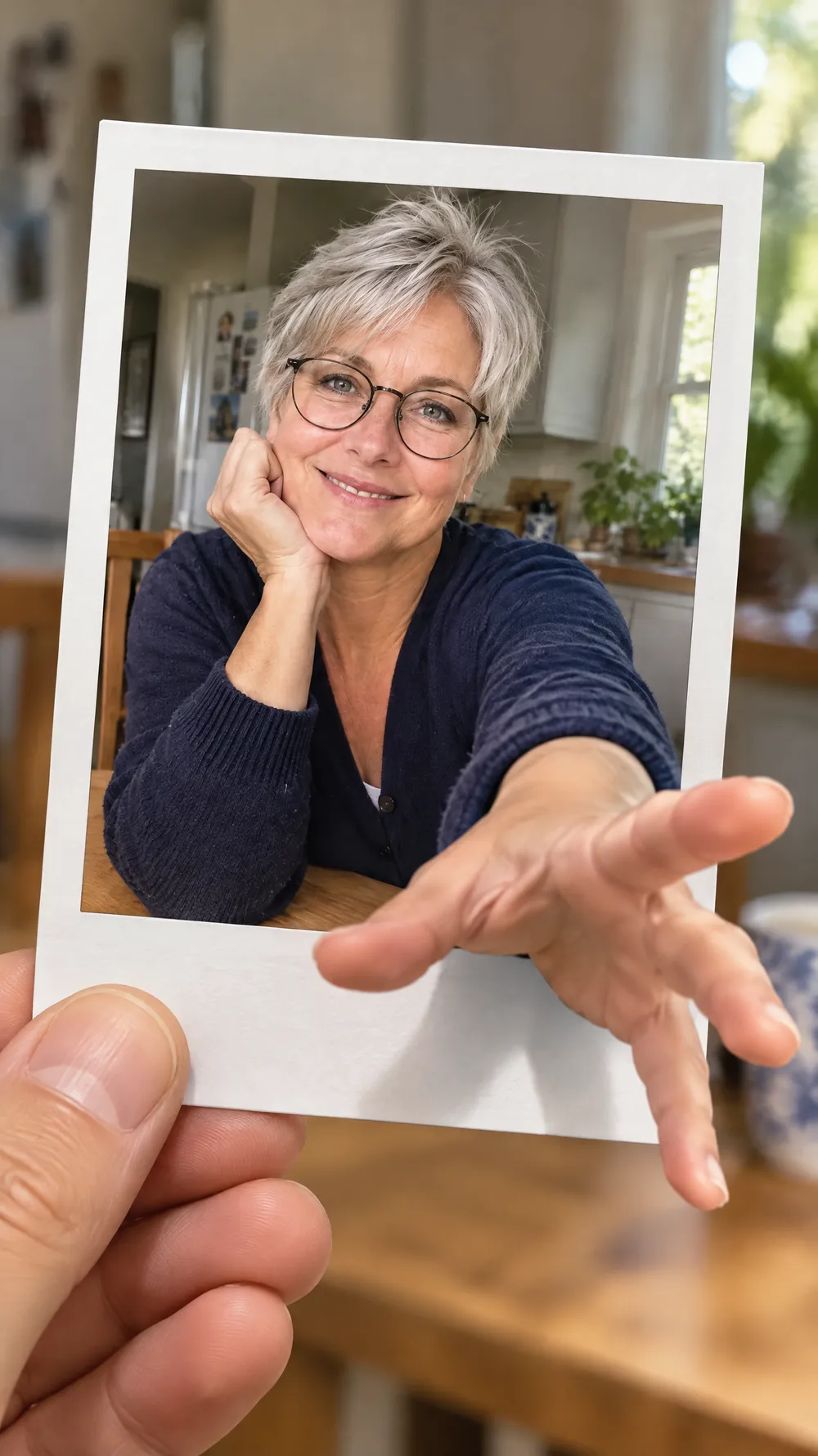Instant photo pop-out: a silver-haired woman in glasses reaches a hand out of an instant print in a kitchen