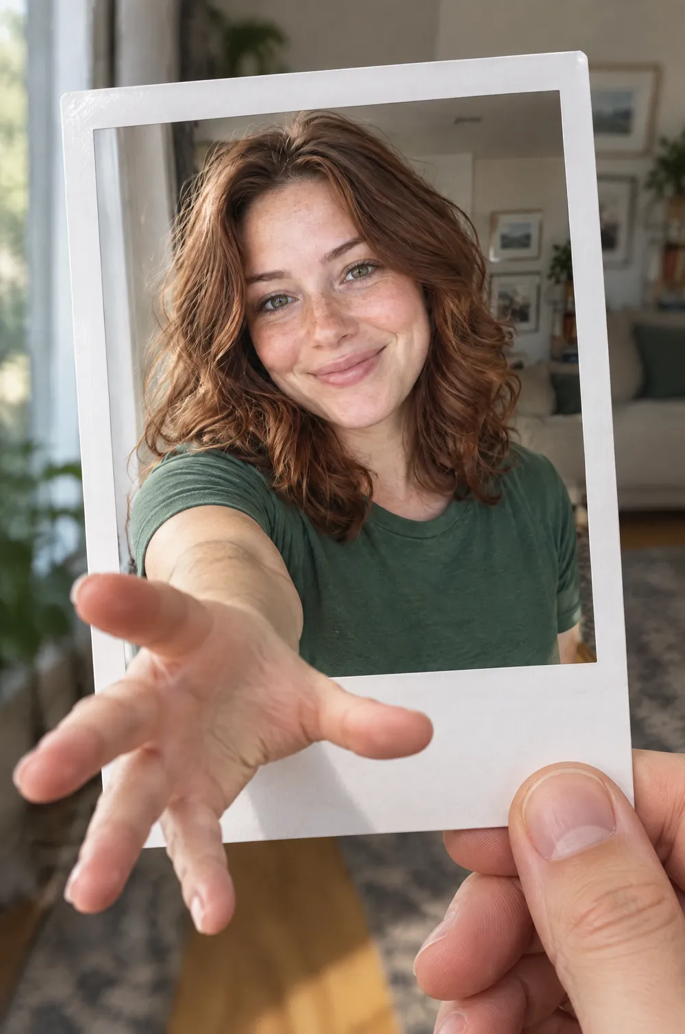 Instant photo pop-out: a woman reaches a hand out of an instant print held in a real hand in a bright room
