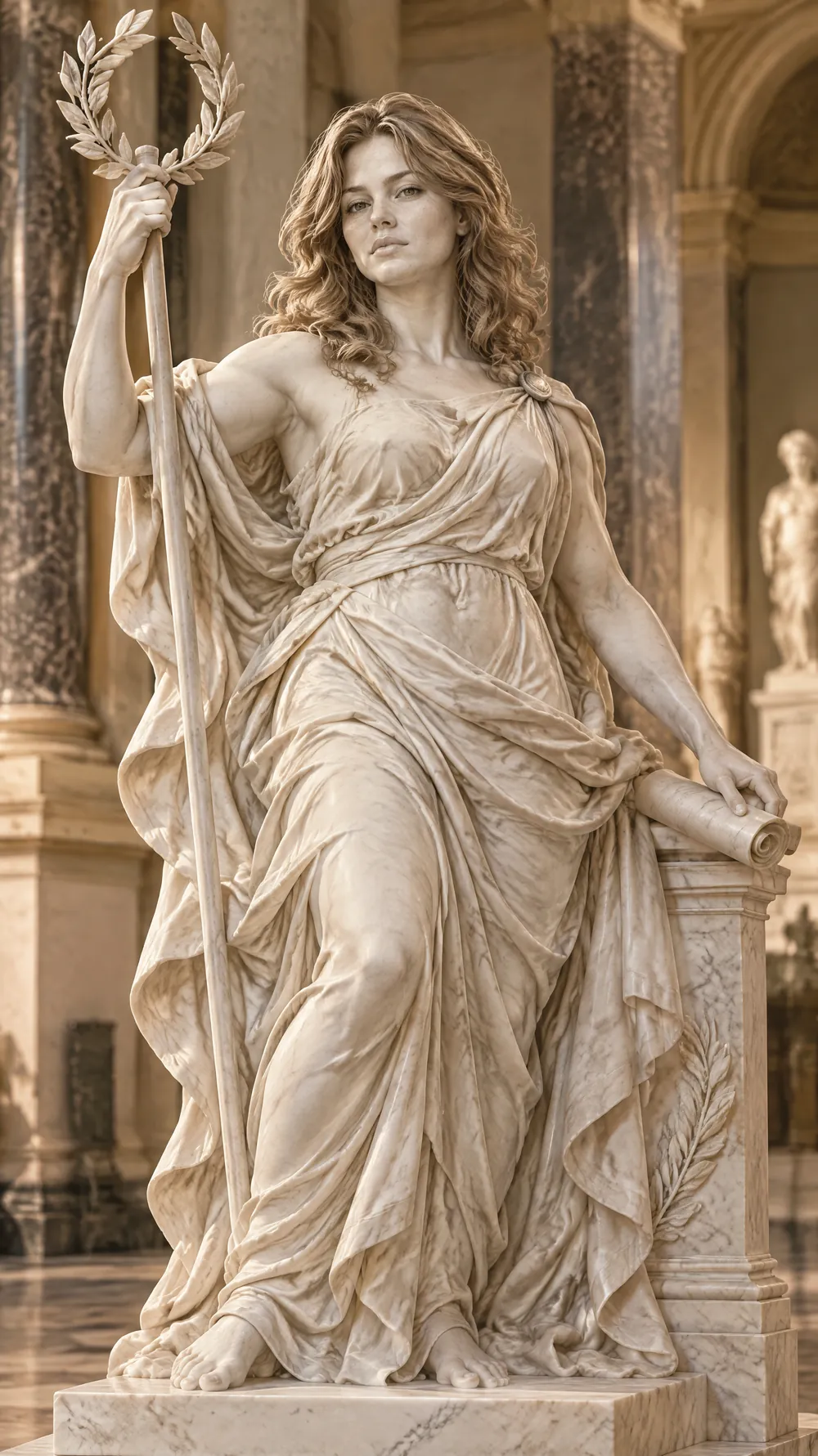 Marble statue of a woman with wavy hair holding a staff and a scroll, in flowing drapery in a museum hall