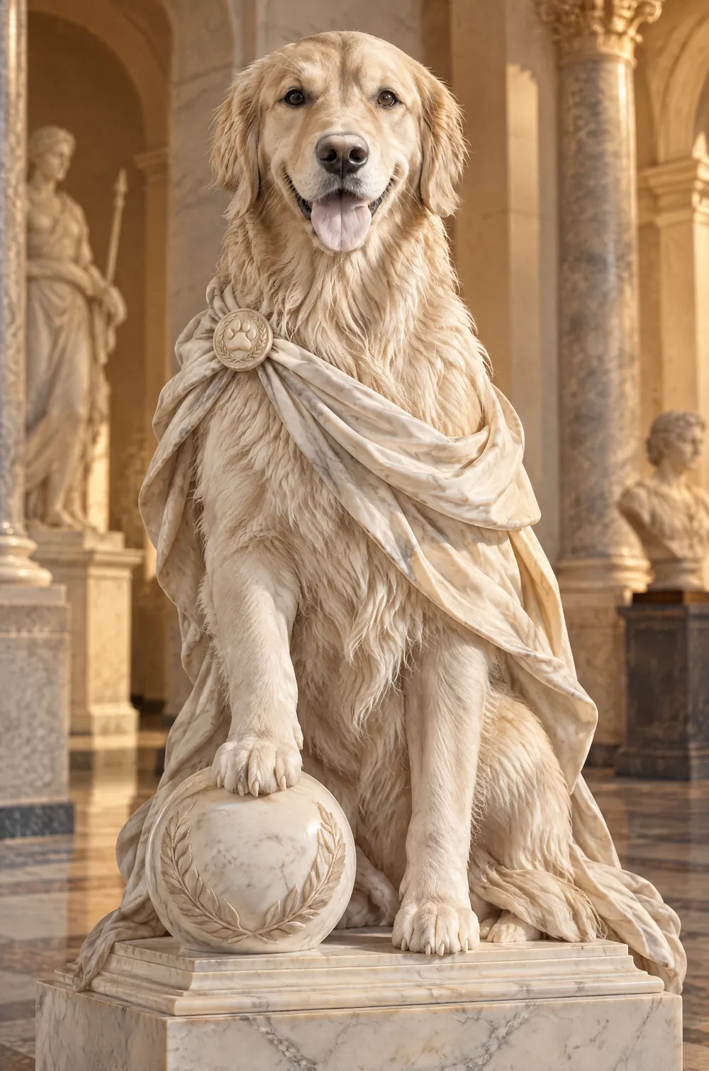 Marble statue of a golden retriever draped in a cloak with a paw on a laurel sphere, in a museum hall