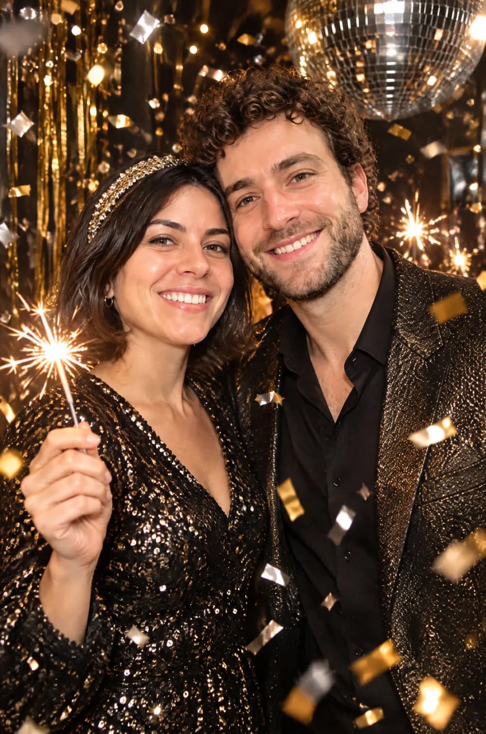 New Year's Eve party portrait of a smiling couple in black and gold sparkling outfits with confetti and a sparkler