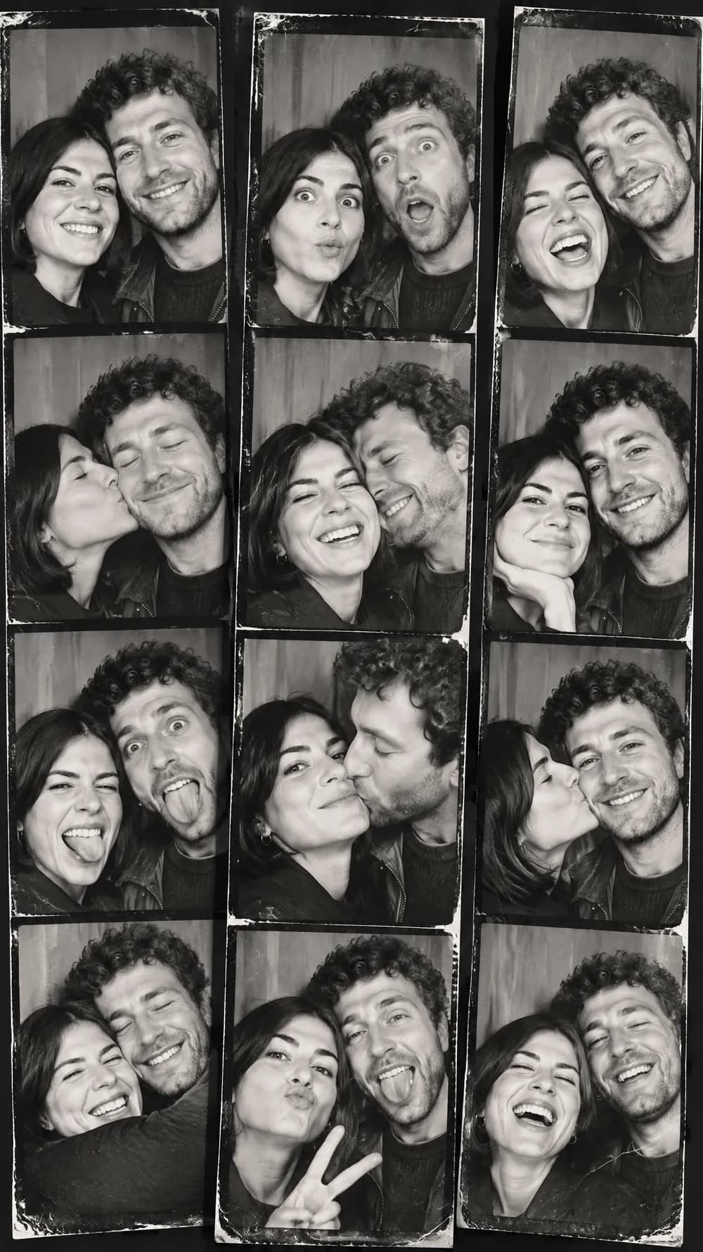 Photo booth strips of a couple laughing, kissing and pulling faces in black and white with thick borders and heavy grain