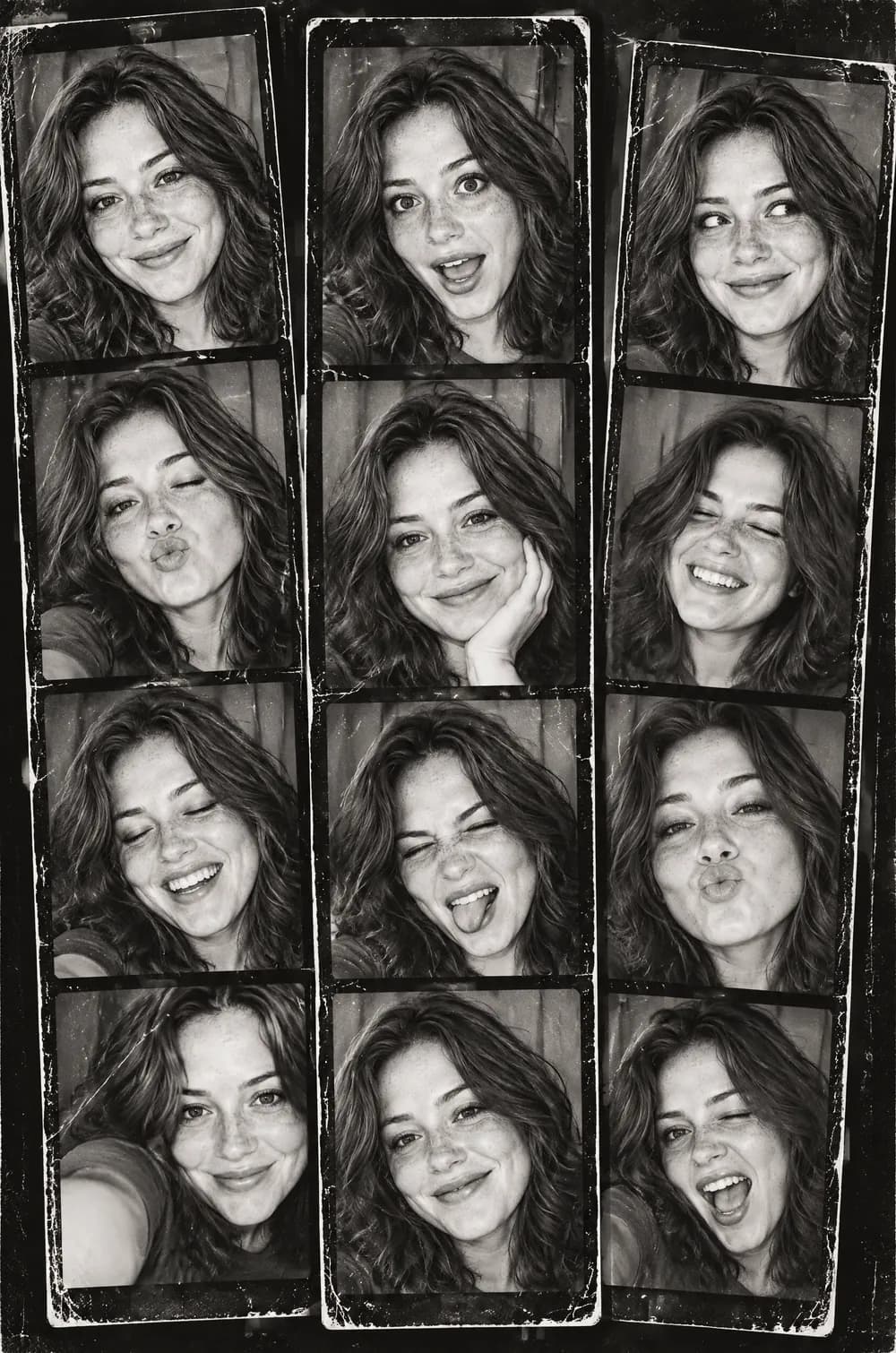 Photo booth strips showing a woman with wavy hair in playful poses, in high-contrast black and white with heavy grain