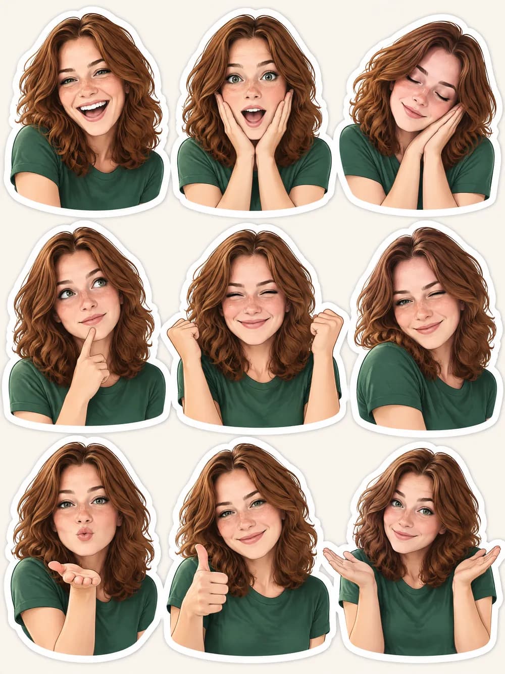 Photo sticker sheet: nine die-cut stickers of a woman with wavy auburn hair in different expressions and poses