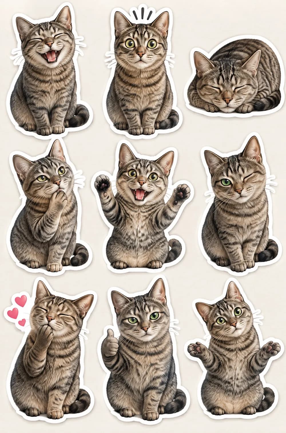 Photo sticker sheet: nine die-cut stickers of a grey tabby cat laughing, surprised, sleeping and giving a thumbs up