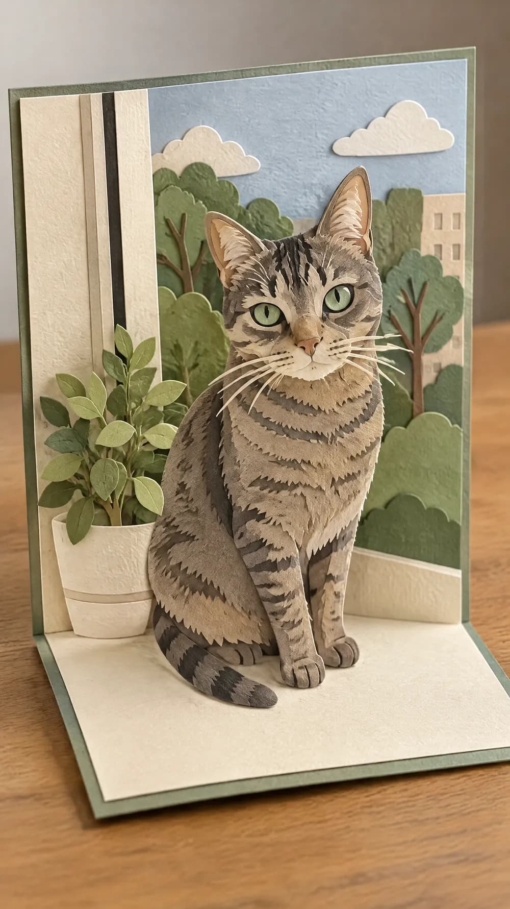 Pop-up paper card: a grey tabby cat in layered cardstock beside a paper plant with paper trees and clouds behind it