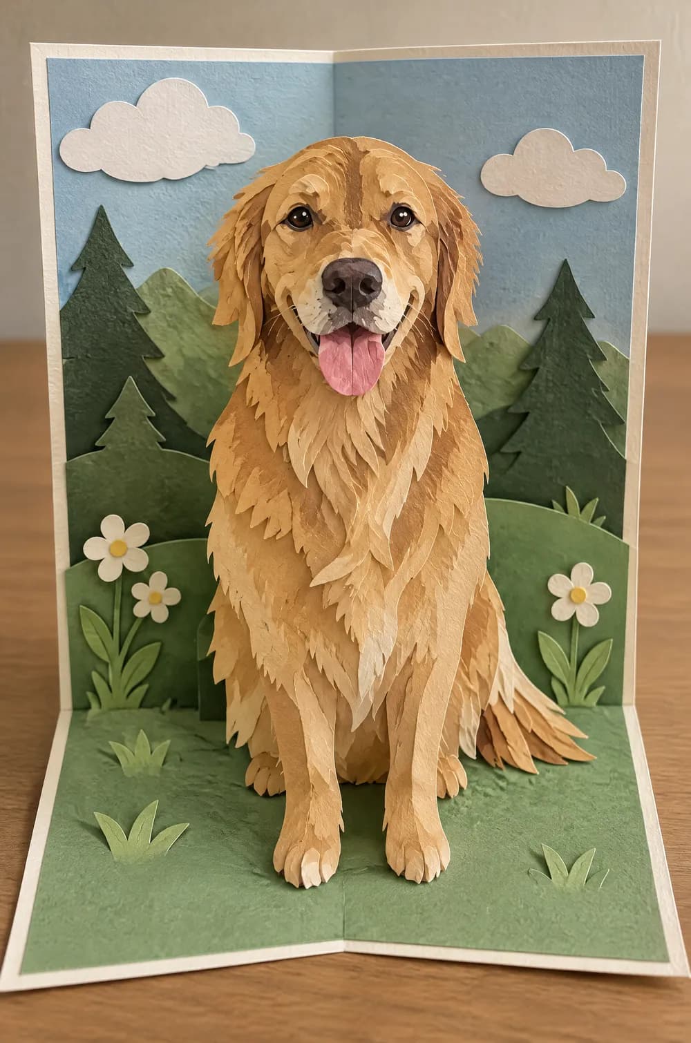 Pop-up paper card: a golden retriever built from layered cardstock in front of paper hills, pine trees and clouds