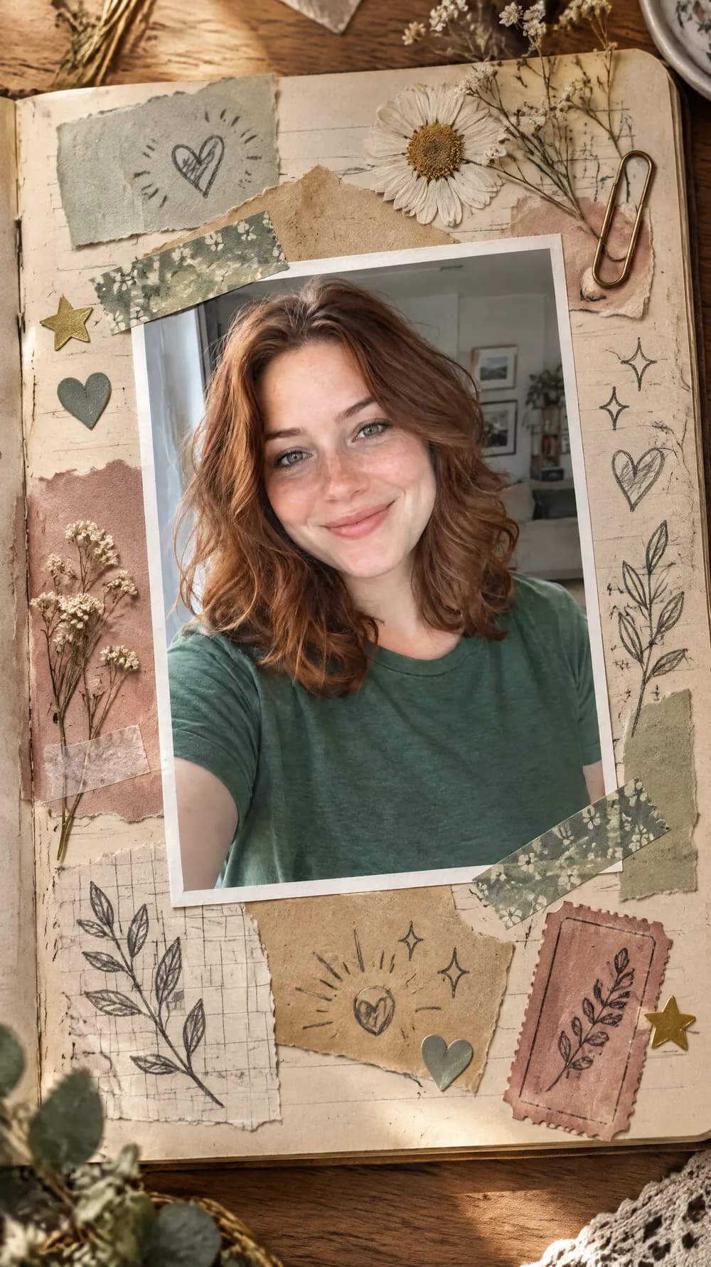 Scrapbook journal page: a woman's selfie taped onto a journal spread with washi tape, pressed flowers and stickers
