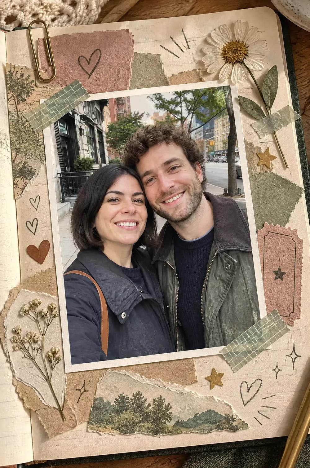 Scrapbook journal page: a couple's photo taped onto paper with washi tape, a pressed daisy, torn paper and heart doodles