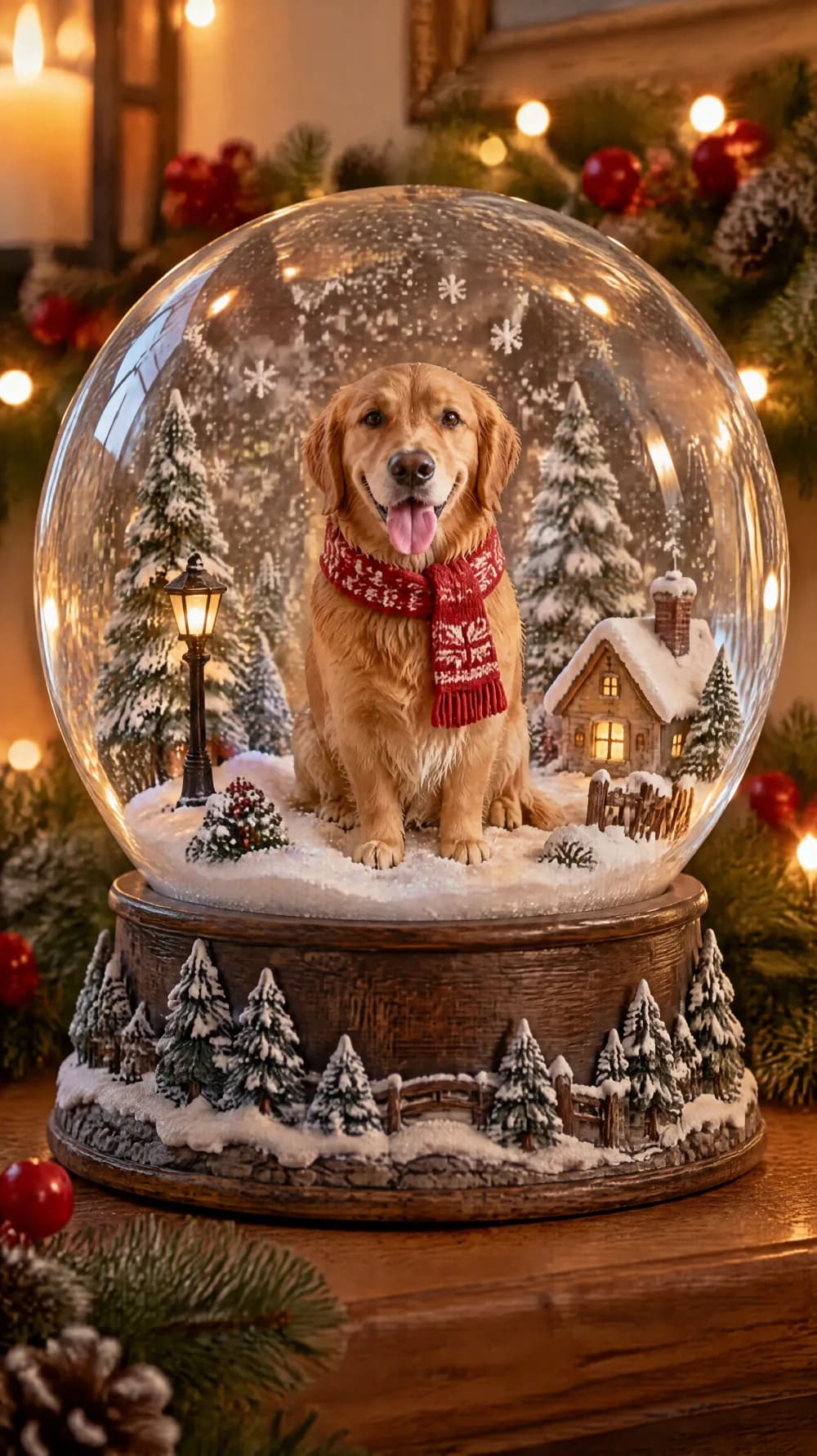 Snow globe photo of a golden retriever in a red scarf inside a glass globe with a snowy cottage and pine trees