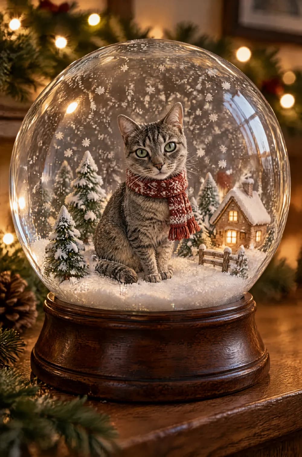 Snow globe photo of a grey tabby cat in a red scarf inside a glass globe with a tiny cottage and drifting snow