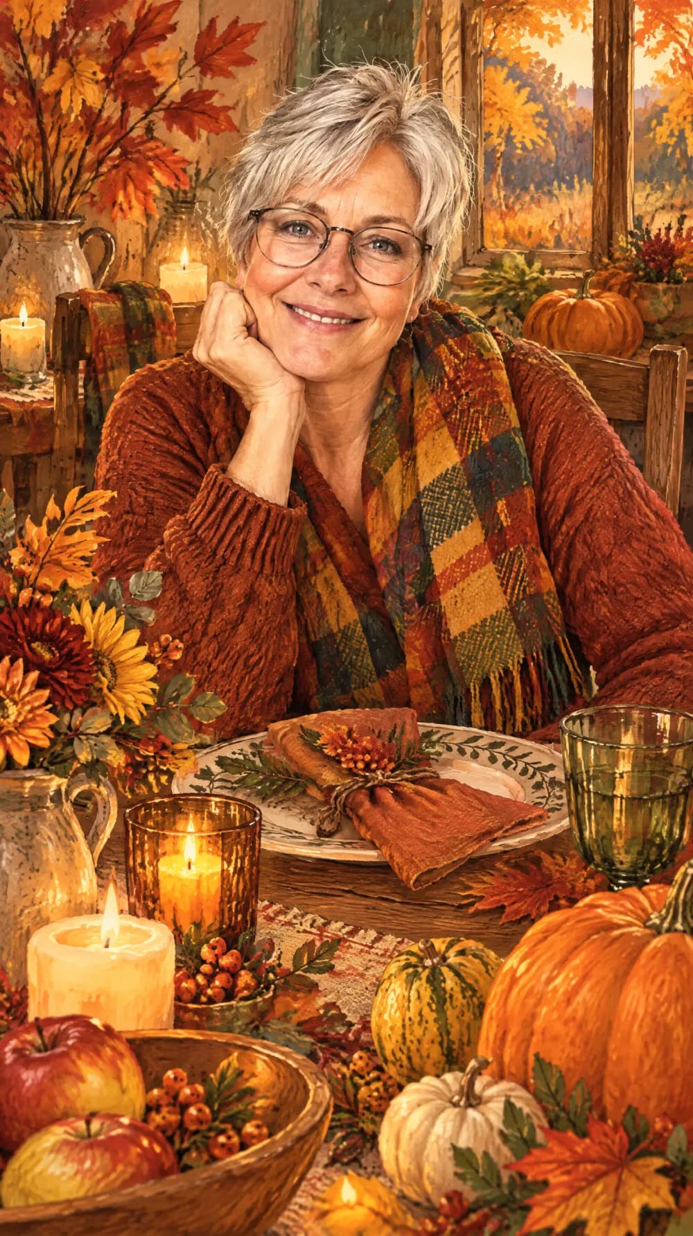 Thanksgiving harvest illustration of a silver-haired woman in round glasses at a candlelit autumn table with pumpkins