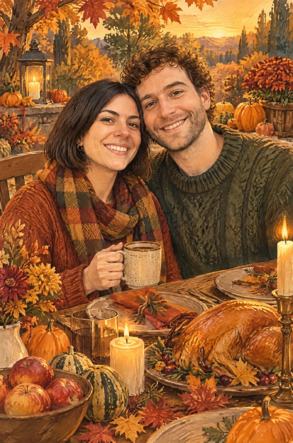 Thanksgiving harvest illustration of a smiling couple in knit sweaters at a candlelit table with a roast, apples and pumpkins