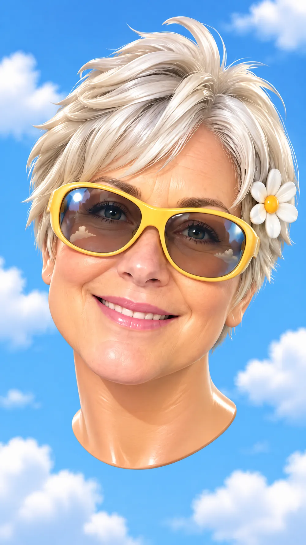 3D toy avatar of a silver-haired woman with yellow sunglasses and a flower in her hair, floating against a blue sky