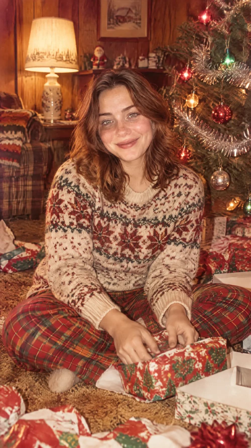 Vintage Christmas snapshot of a smiling woman with wavy auburn hair in a fair isle sweater unwrapping gifts by a tinsel tree