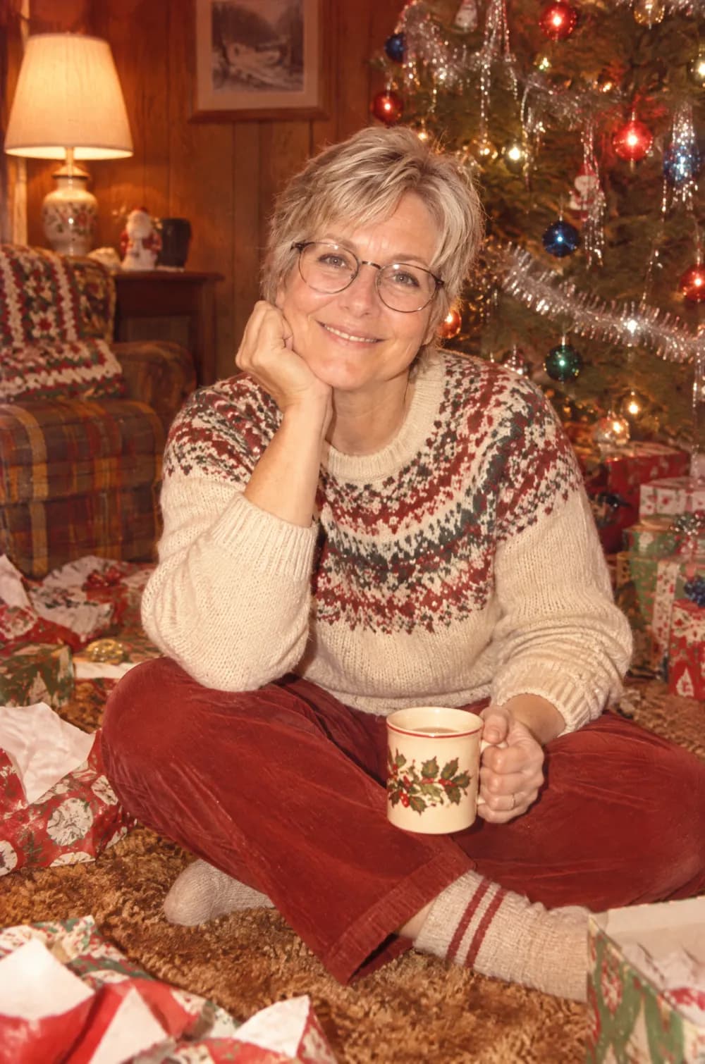 Vintage Christmas snapshot of a silver-haired woman in round glasses holding a holly mug beside a tinsel-covered tree