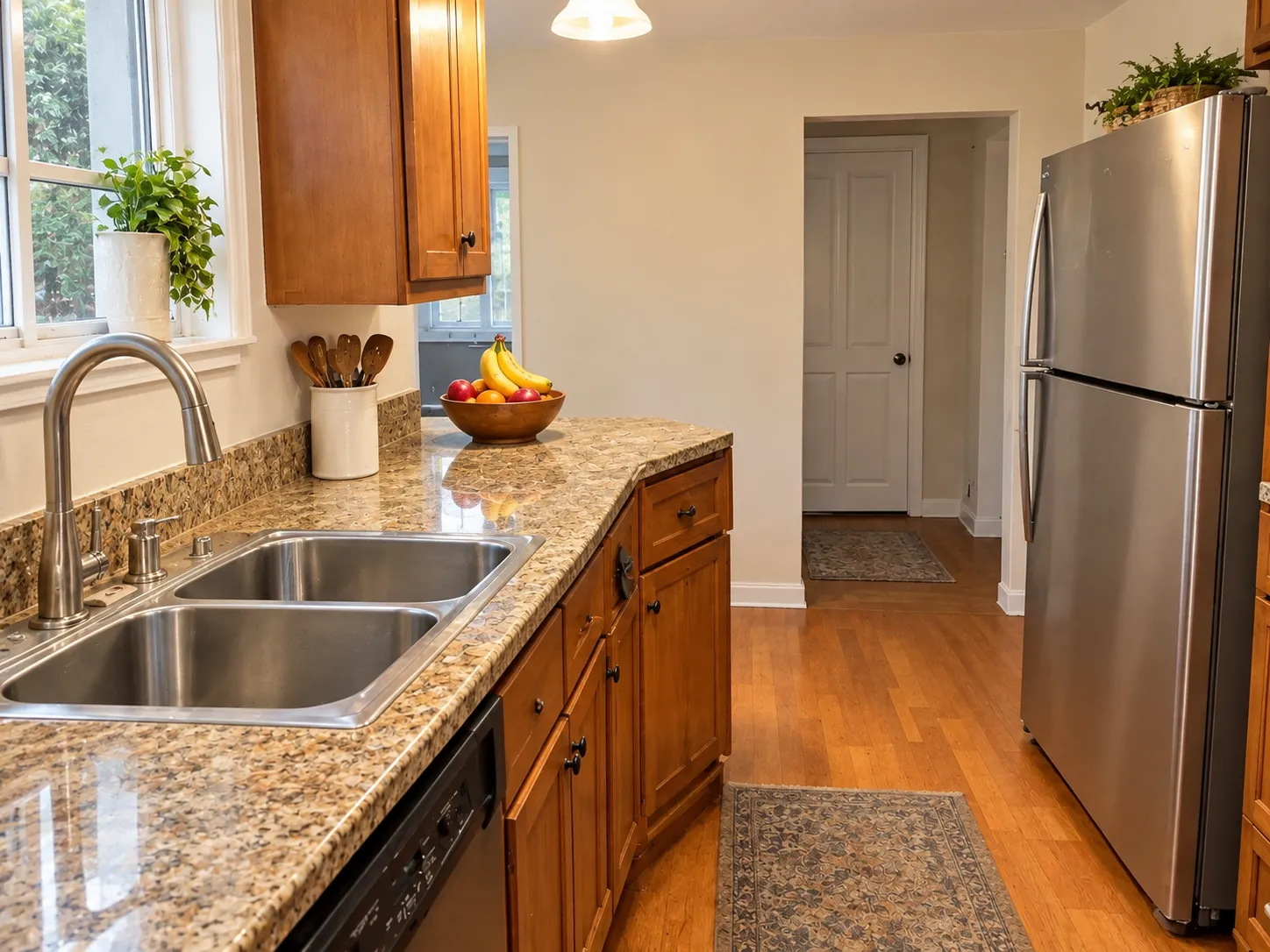 Kitchen with granite counters and a stainless steel fridge after decluttering, with clear countertops