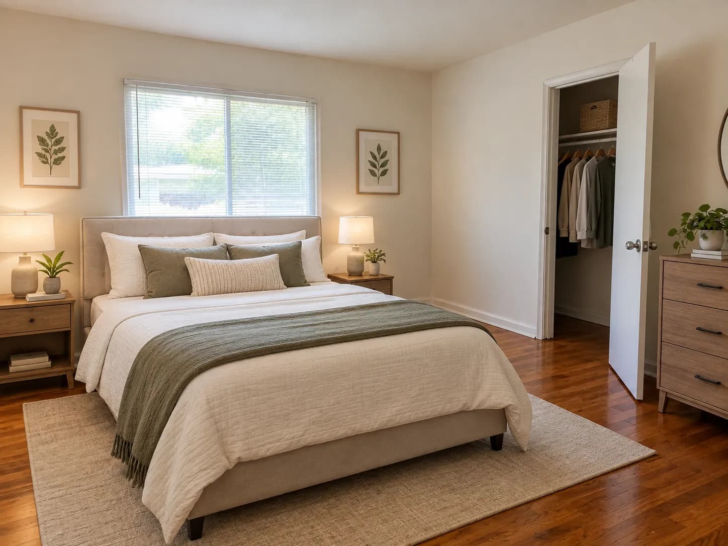 Bedroom virtually staged with a bed, nightstands, lamps, a rug and wall art