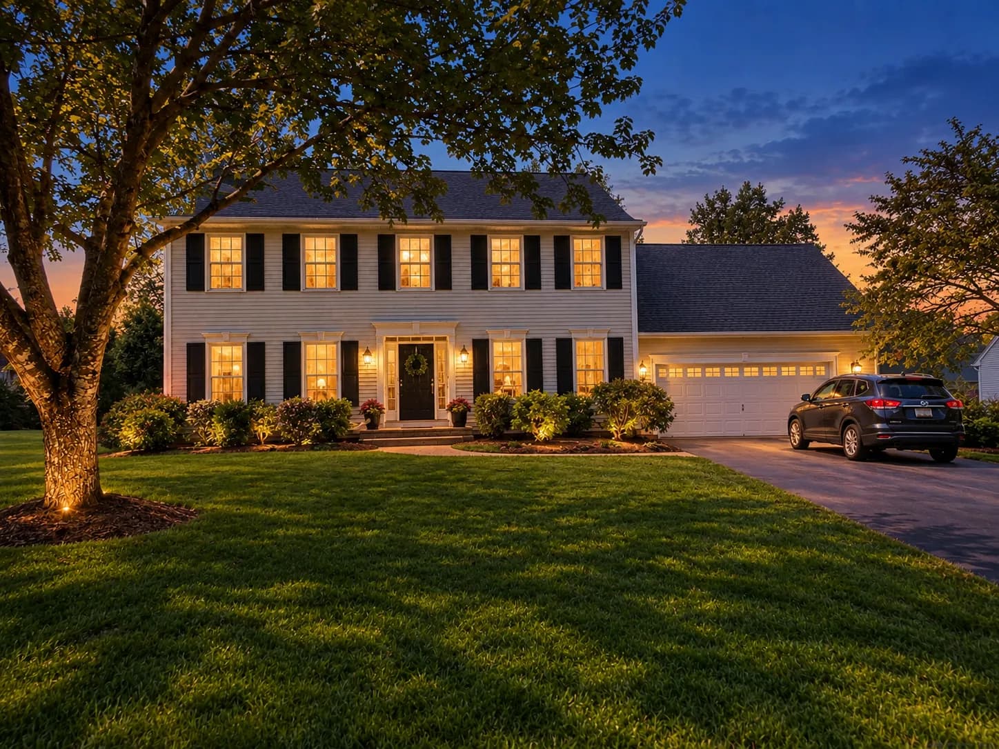 Two-story house with glowing windows against a deep blue twilight sky, converted from a daytime photo
